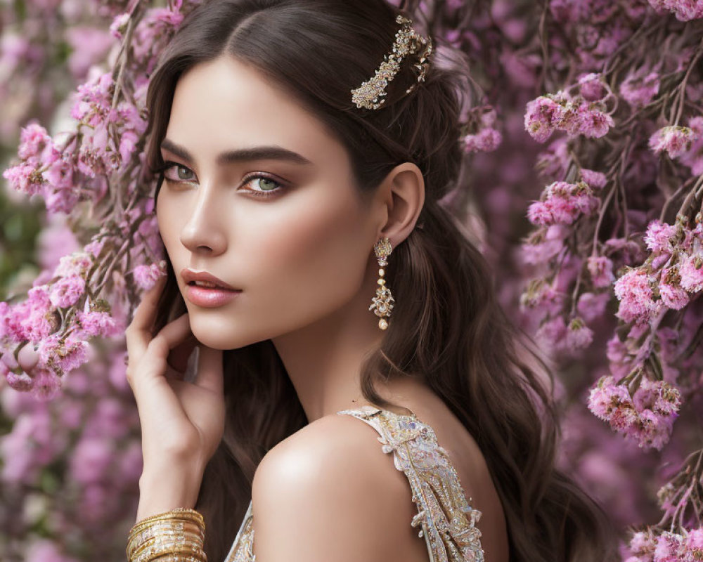 Woman with makeup and jewelry posing among pink blossoms in elegant springtime setting