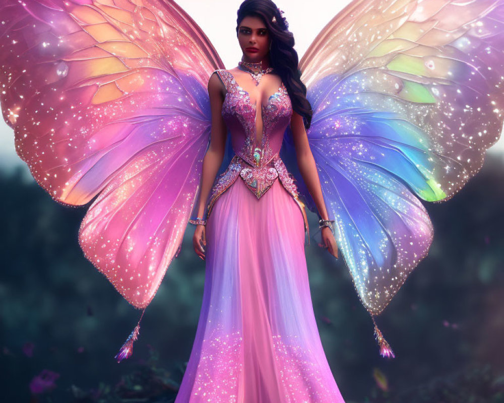 Mystical fairy with glowing wings in misty forest wearing pink dress