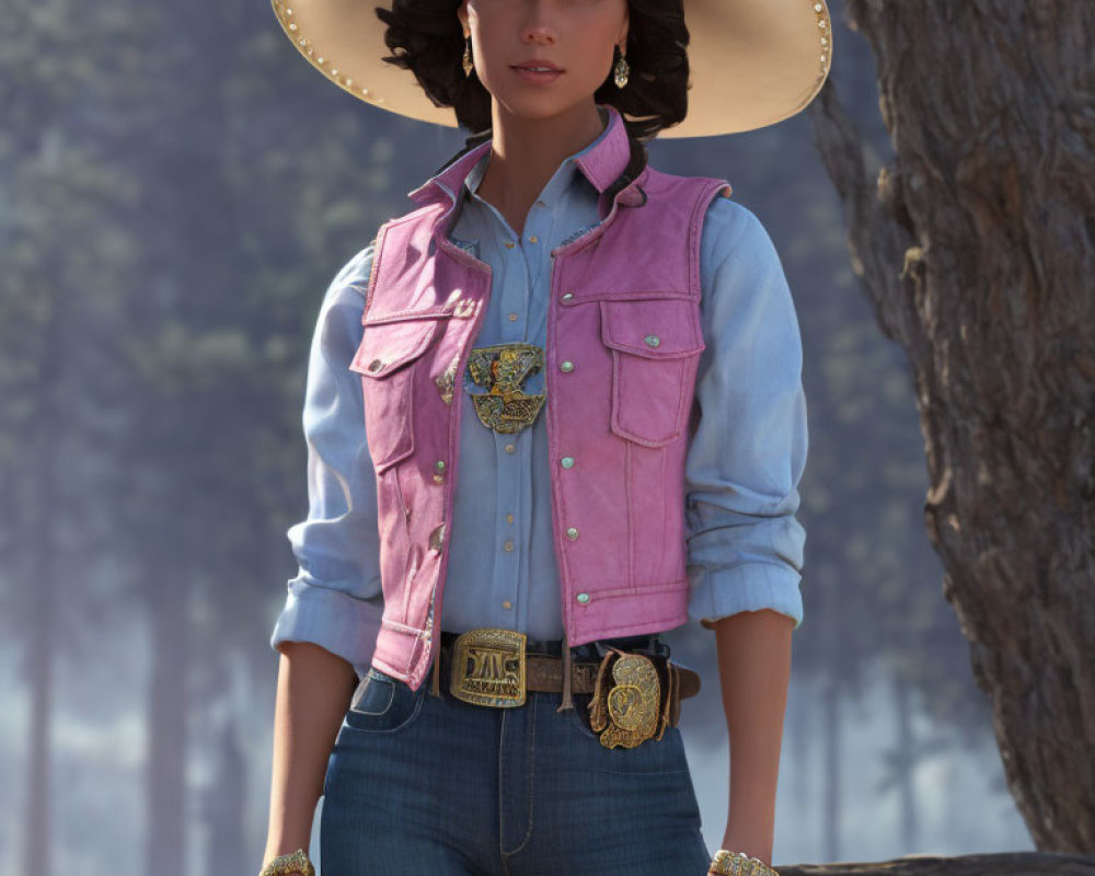 Digital artwork of a cowgirl in pink denim outfit near a tree