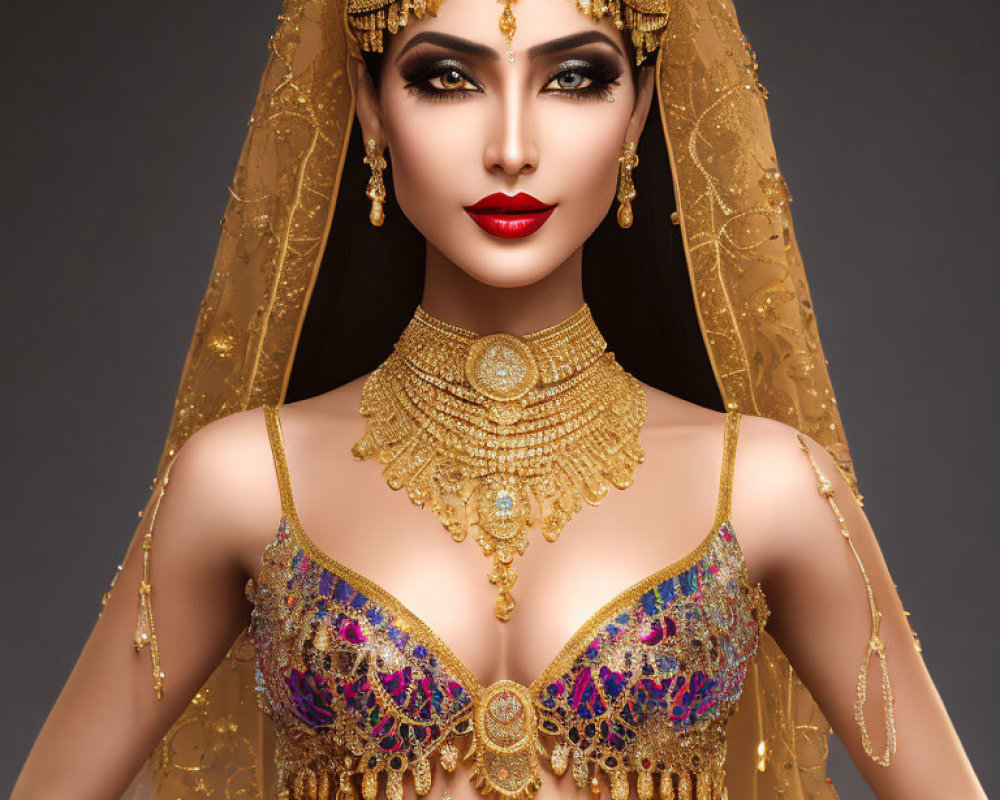 Traditional Indian Bridal Attire with Elaborate Gold Jewelry