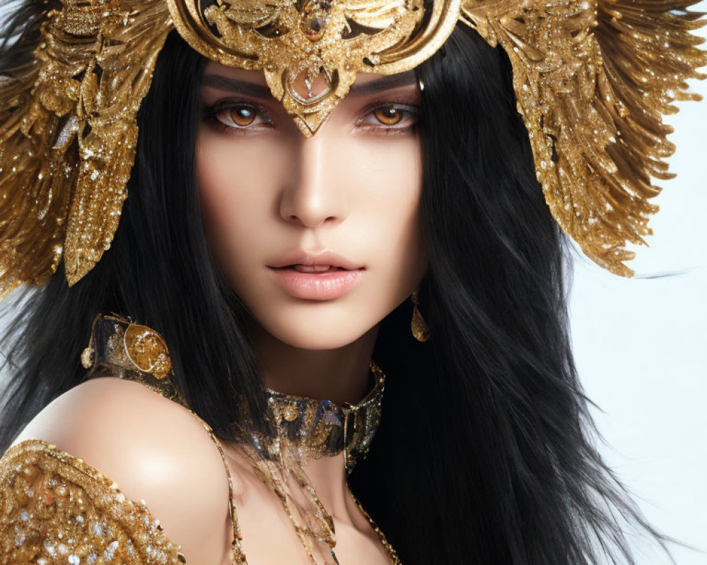 Woman with Long Black Hair in Ornate Golden Headdress and Armor, Detailed Makeup