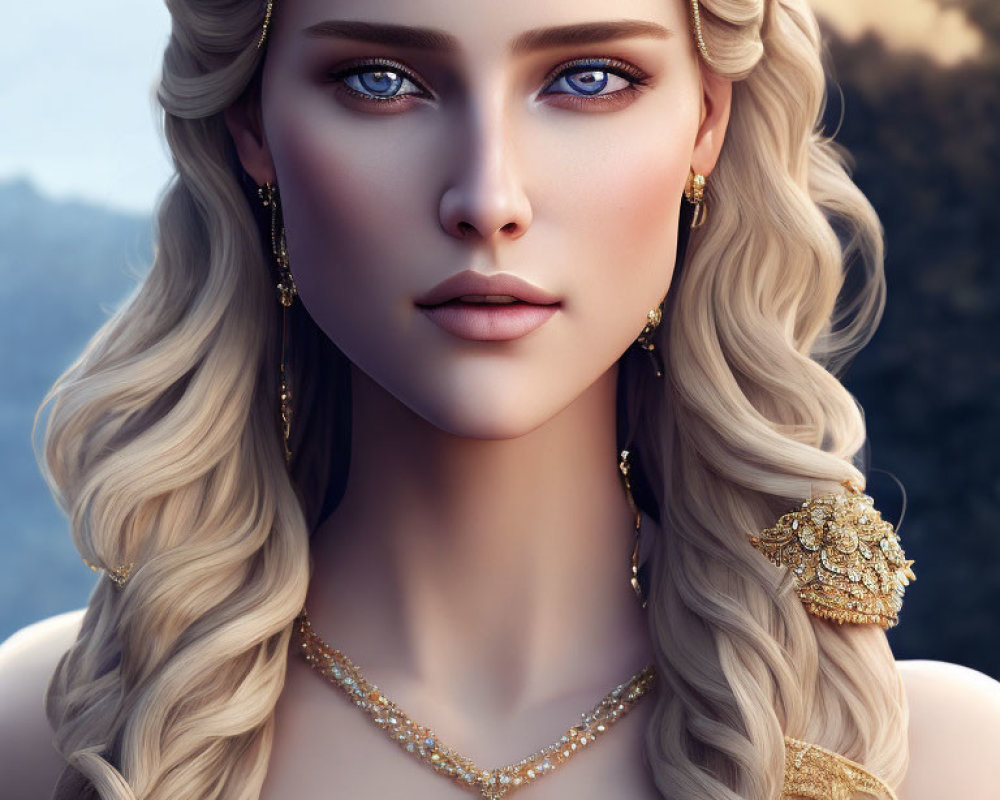 Digital portrait of woman with blue eyes, blonde hair, and gold jewelry against forest backdrop