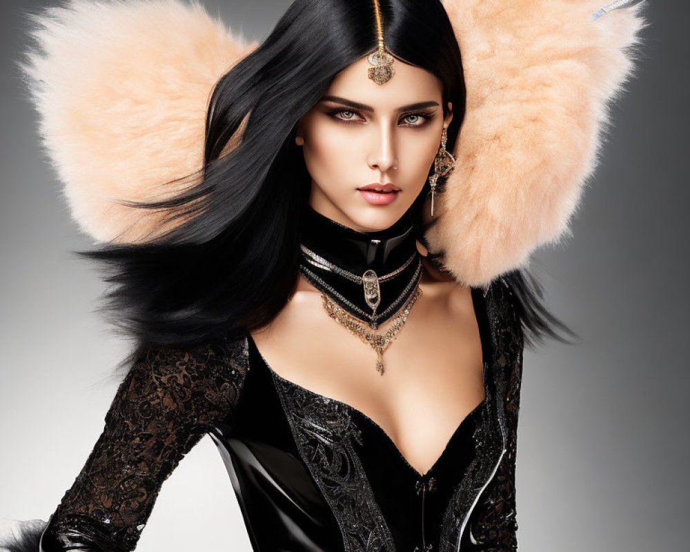 Woman in Black Outfit with Gold Accents and Fur Shoulder Pieces