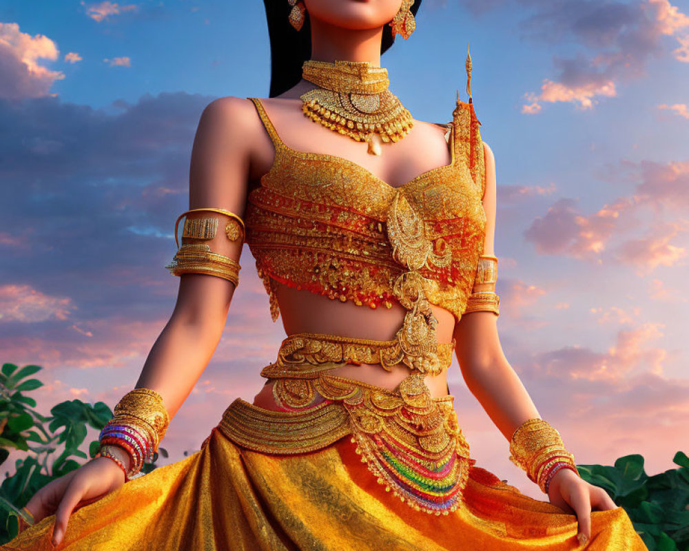 Traditional Thai Attire Woman in 3D Rendered Image