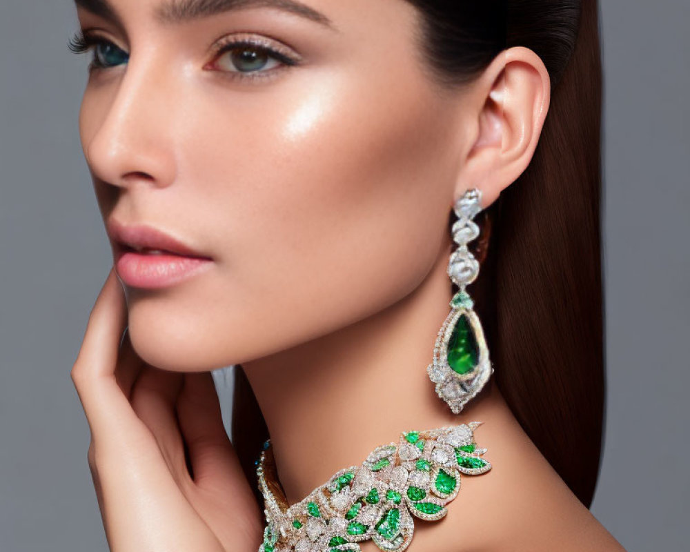 Woman displaying elegant green and diamond jewelry with soft makeup and sleek hairstyle