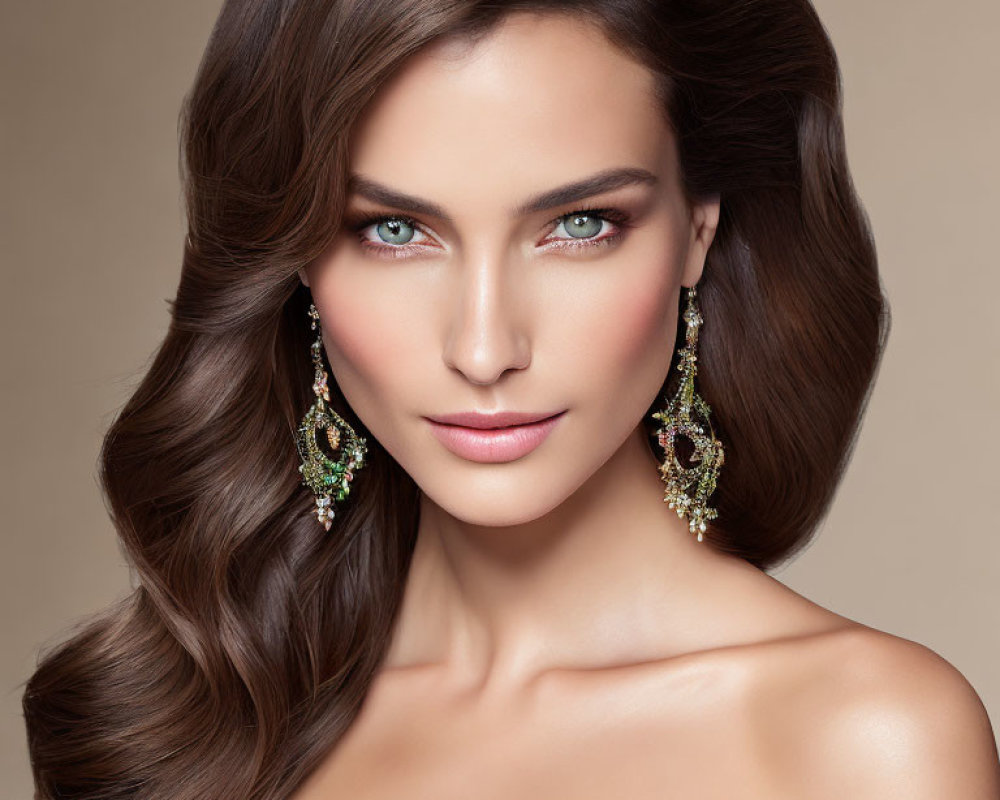 Portrait of a woman with voluminous brown hair and striking green eyes