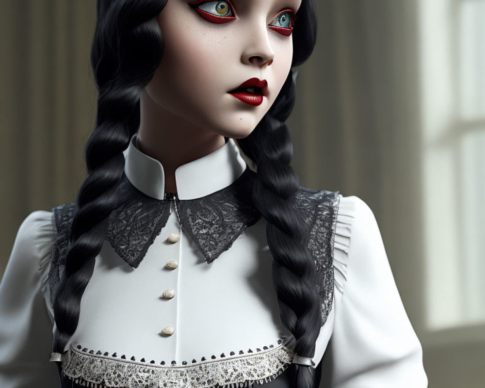 Gothic-style animated doll in black and white Victorian attire with red eyes