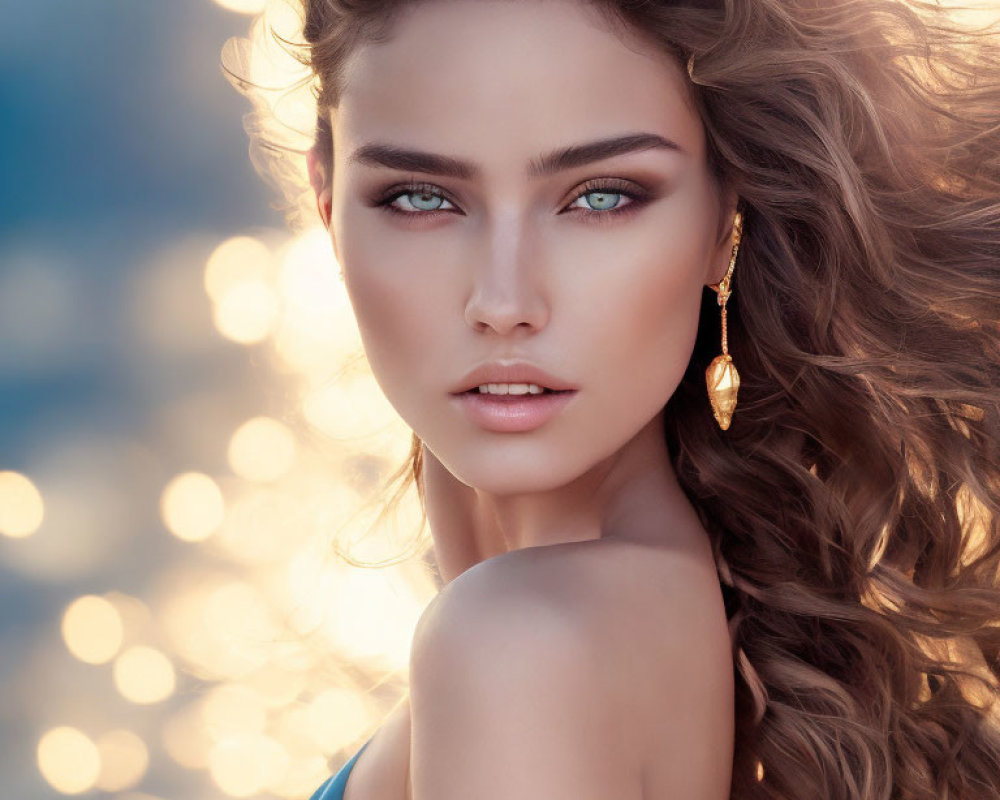 Portrait of woman with blue eyes, wavy hair, and earring on bokeh background