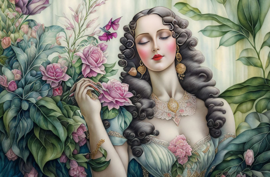 Illustrated woman with vintage makeup surrounded by blooming flowers and gold jewelry