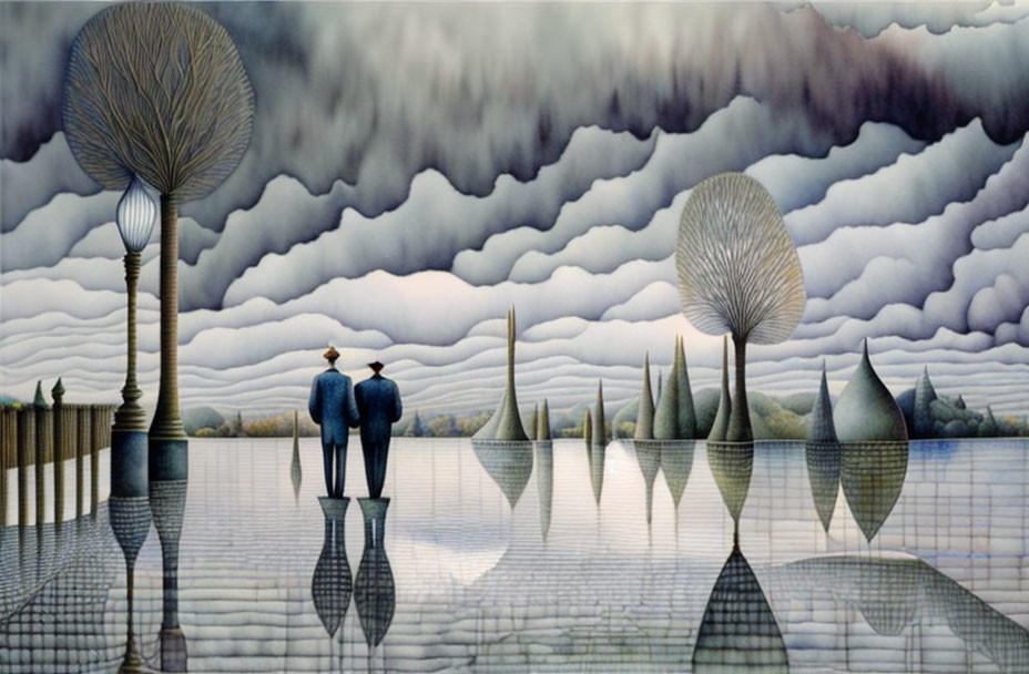 Surreal landscape with person, reflective water, stylized trees, cloud-patterned sky