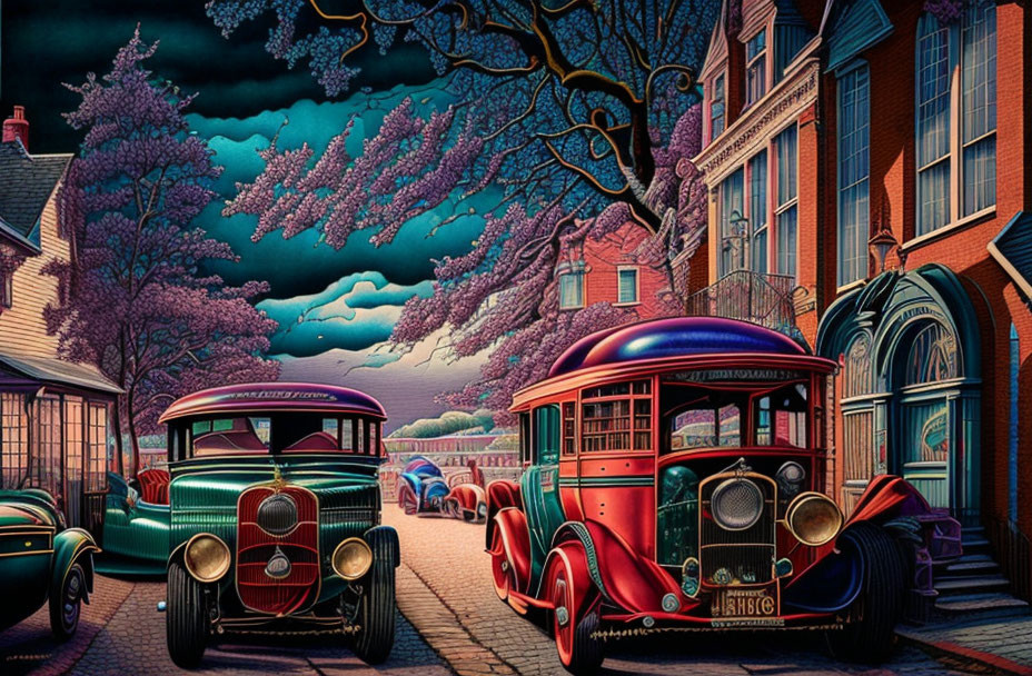 Illustration of idyllic street scene at dusk with vintage cars and brick buildings