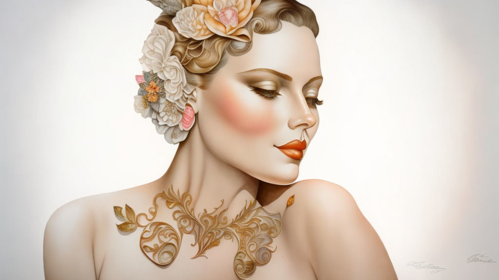 Detailed Illustration: Woman with Elegant Makeup, Rose Hair Adornments, and Neck Tattoo