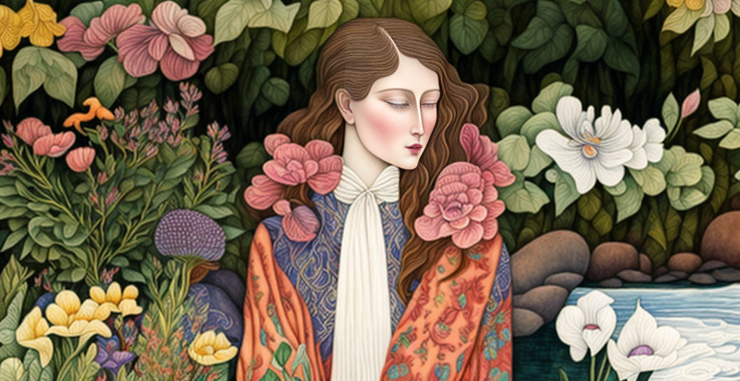 Illustration: Serene woman with long hair in ornate attire amidst lush, stylized flora