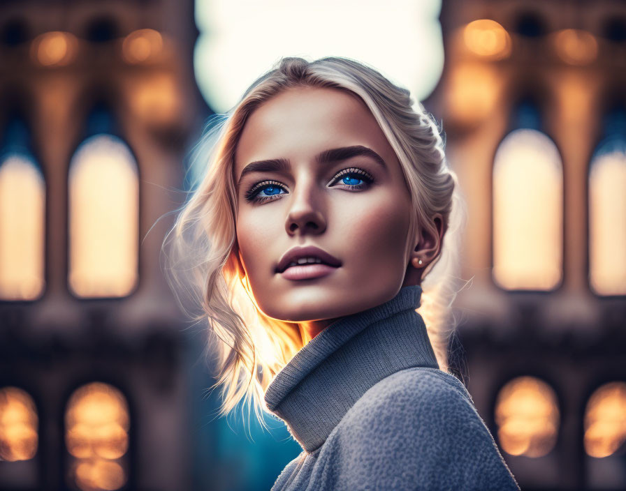 Blonde Woman in Turtleneck with Blue Eyes in Warm Lighting