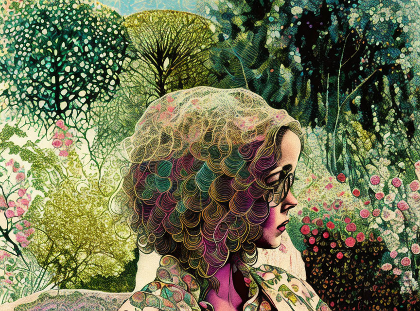 Curly-haired woman merges with vibrant forest scene