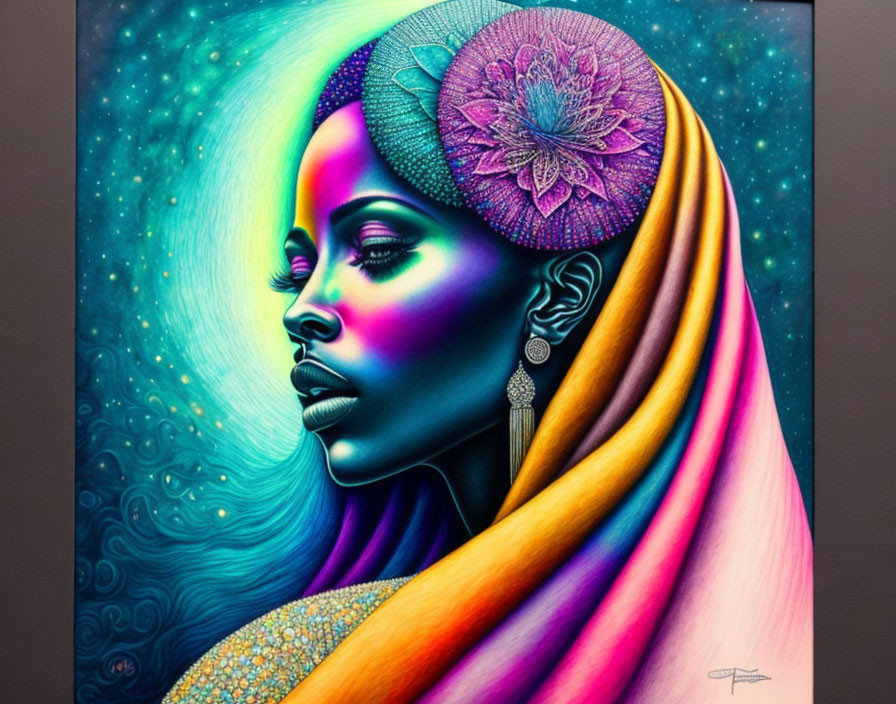 Colorful artwork of woman with headscarf and cosmic background