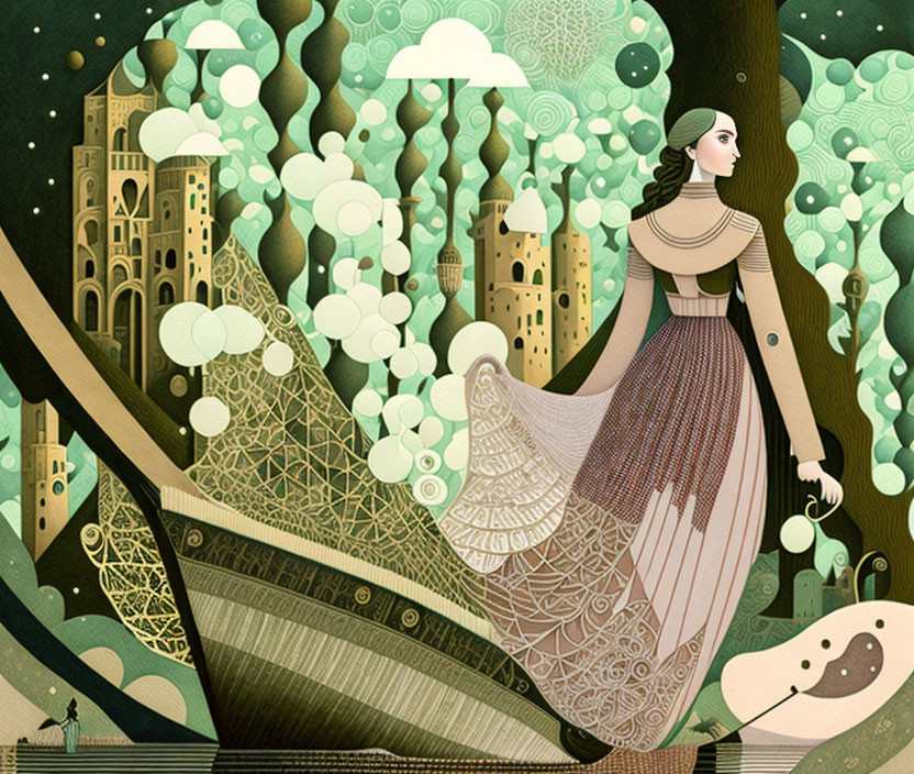 Illustration of woman in flowing dress surrounded by whimsical trees and buildings under surreal green sky.