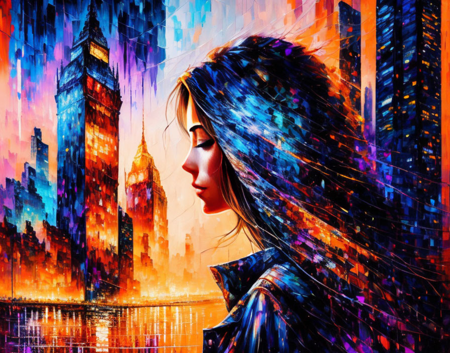 Vibrant Abstract Cityscape Behind Woman's Profile