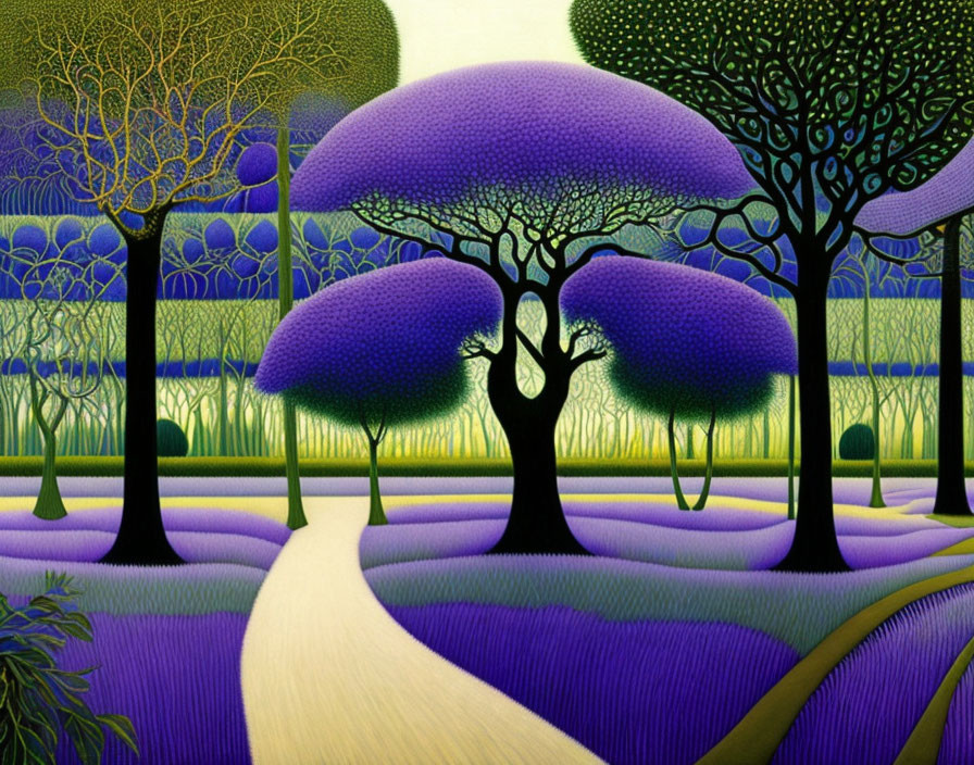 Vibrant Purple Trees in Stylized Landscape Painting