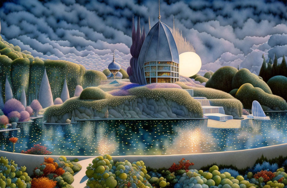 Luminous castle in fantastical dusk landscape