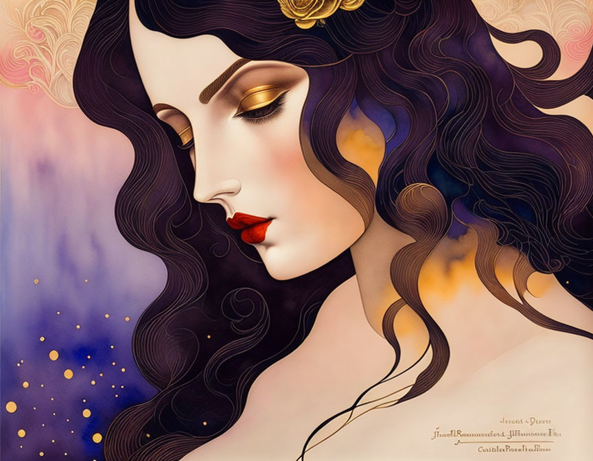 Detailed portrait of a woman with dark hair, pale skin, and red lips in a starry background