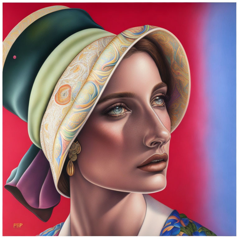 Woman with stylized headscarf, striking gaze, and gold earring against red and blue backdrop