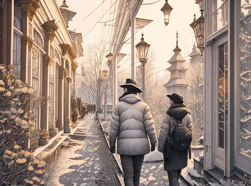 Snowy Street Scene with Vintage Lamps & Classic Architecture