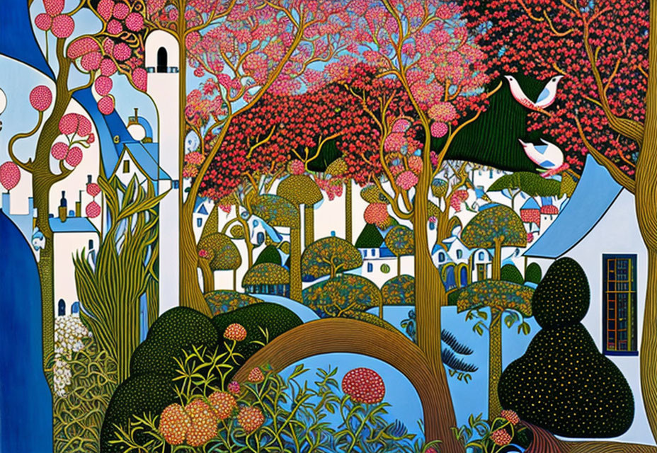 Whimsical landscape with stylized trees, pink blossoms, river, and quaint buildings