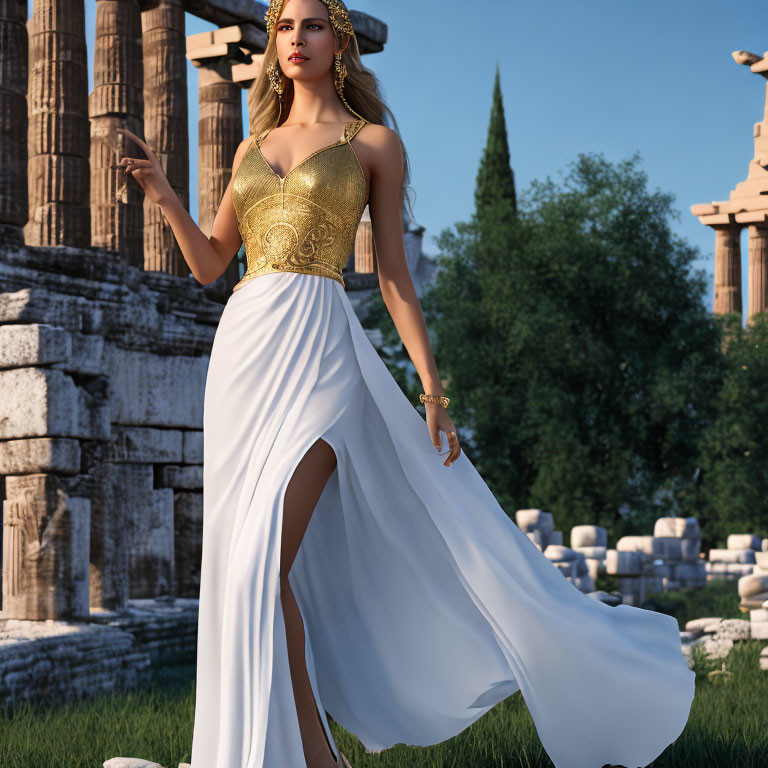 Woman in White and Gold Ancient Greek-Style Dress Among Columns