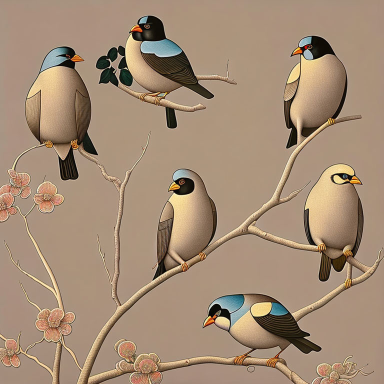 Stylized birds on blossom branches against tan backdrop