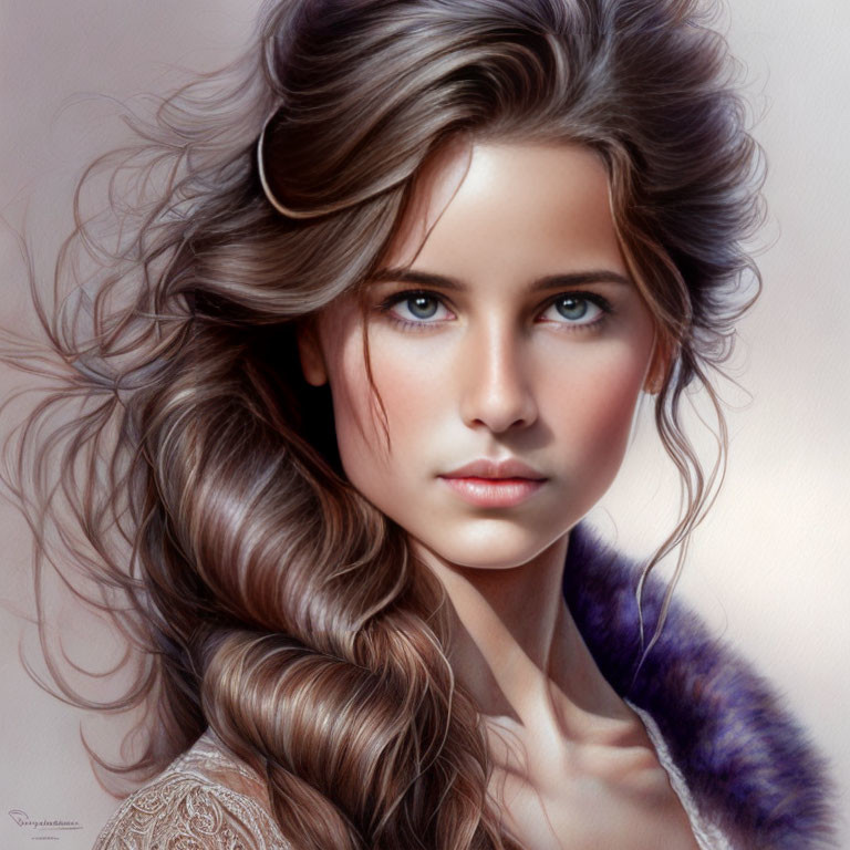 Photorealistic portrait of young woman with wavy hair and blue eyes in purple fur.