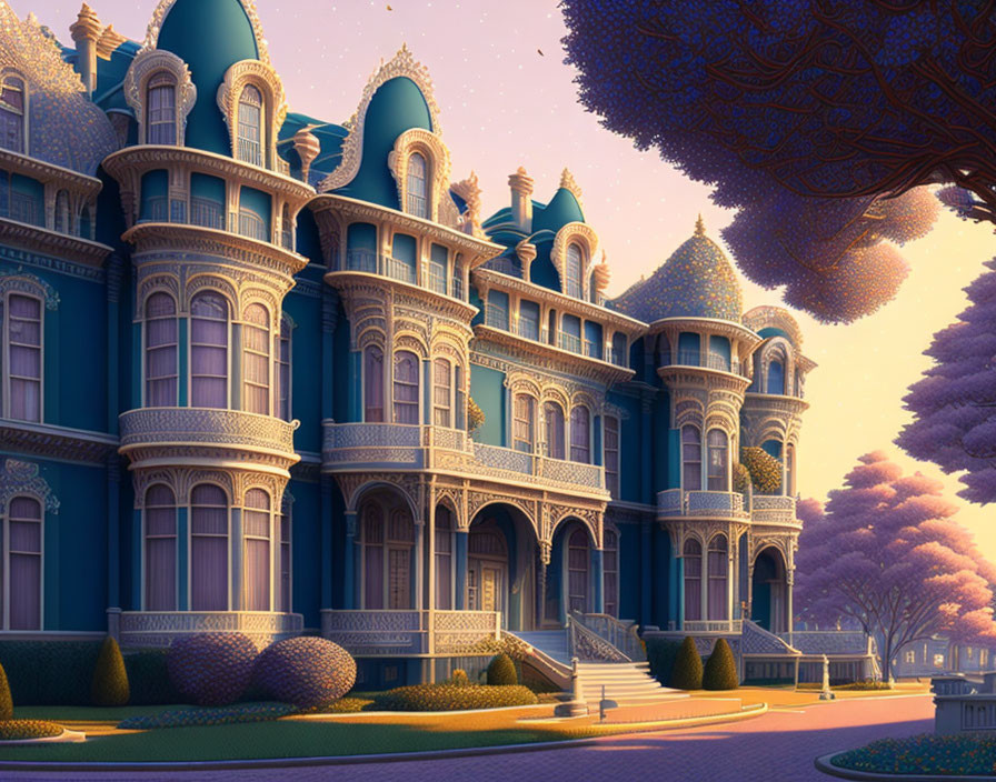 Victorian-style mansion in twilight with ornate details and purple foliage