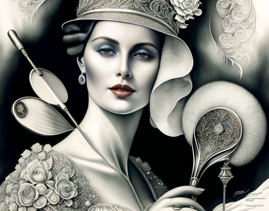 Monochrome illustration of elegant woman with ornate accessories and roses