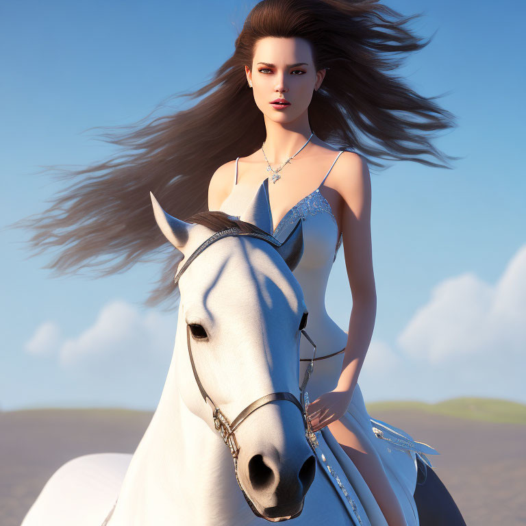 Woman riding white horse in white dress with blue neckline against clear sky