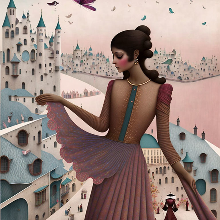 Stylized illustration of woman with updo overlooking castle town