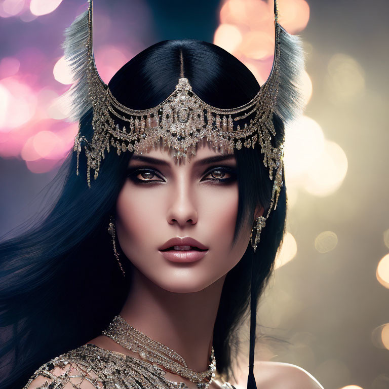 Dark-haired woman in ornate golden headdress on bokeh light backdrop