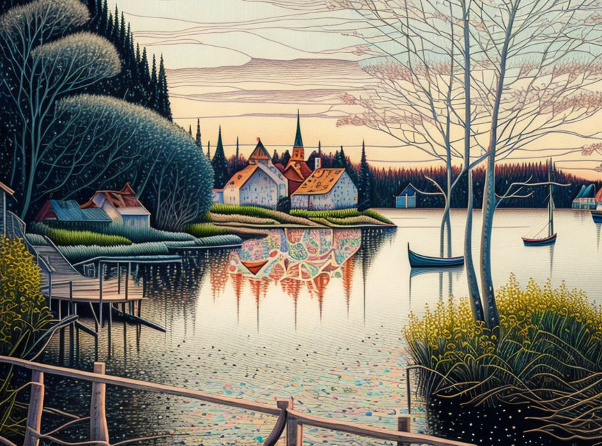 Illustration of serene lakeside village at dusk with patterned canoes, houses, trees, and