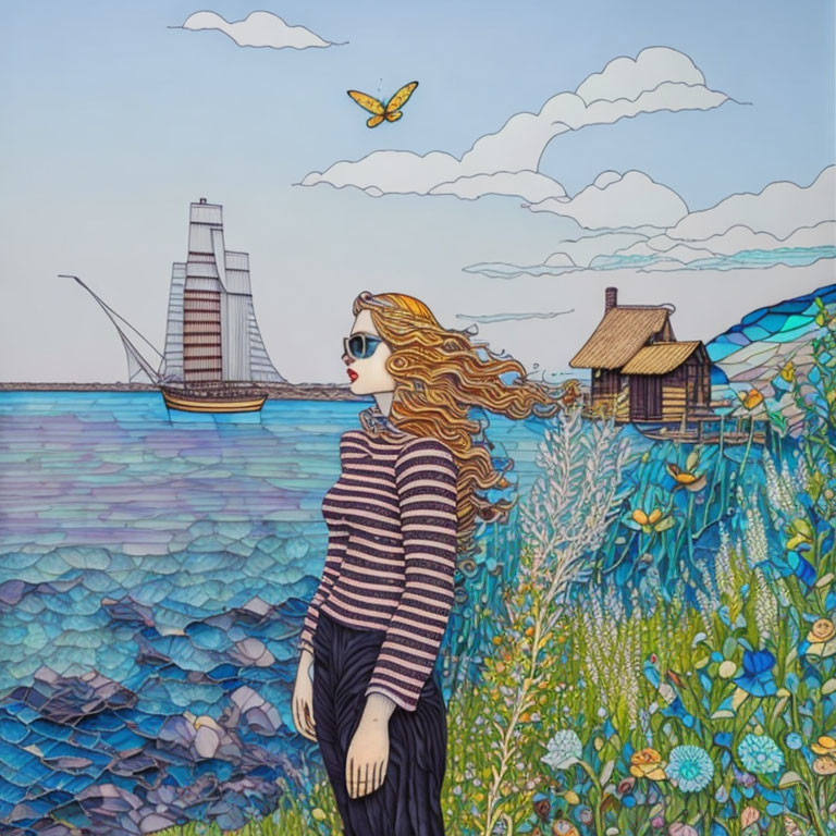 Colorful mosaic art of woman by sea with sailboat, butterfly, and cabin