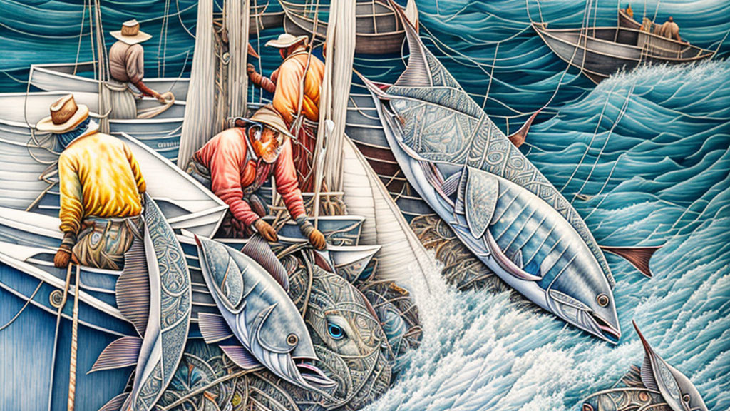 Fishermen at Sea: Artistic Representation with Oversized Stylized Fish