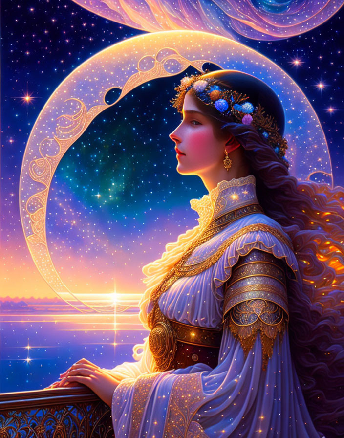 Illustrated lady with long hair on balcony under crescent moon and starry sky.