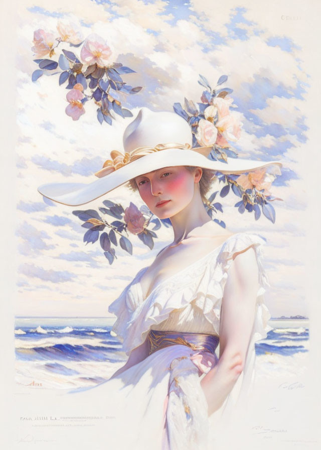 Ethereal portrait of woman in floral hat on serene beach