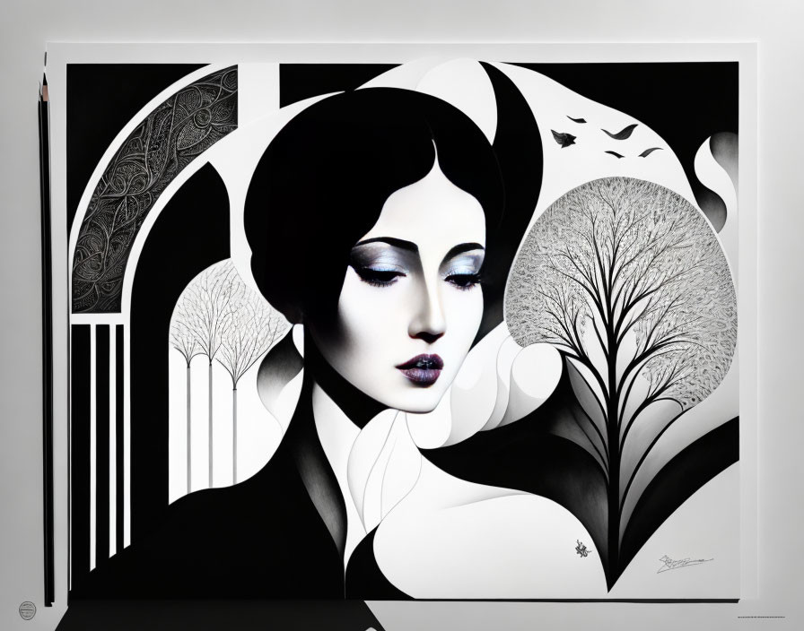 Monochromatic stylized woman with nature elements in Art Nouveau and modern design