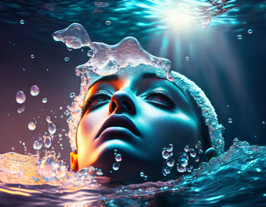 Woman's Face Emerges from Water with Blue Light