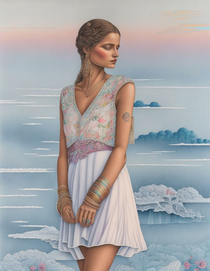 Woman in white flowing dress with ornate patterns and bangles against cloudy pastel sky