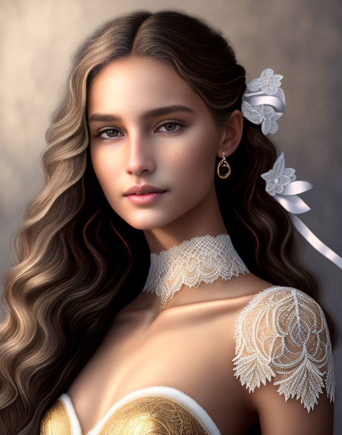 Young woman in lace dress with floral accessory exudes elegance