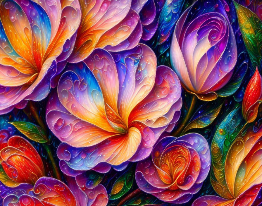 Colorful Floral Painting with Intricate Patterns and Dew Drops in Blue, Purple, Orange, and Red