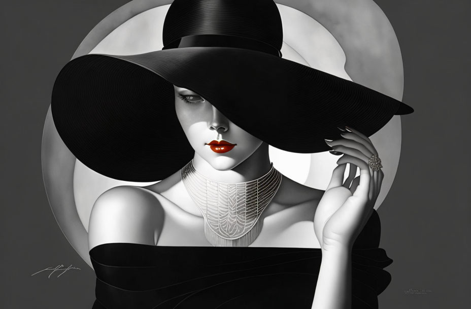 Monochromatic portrait of woman with large-brimmed hat, red lips, and necklace on circular