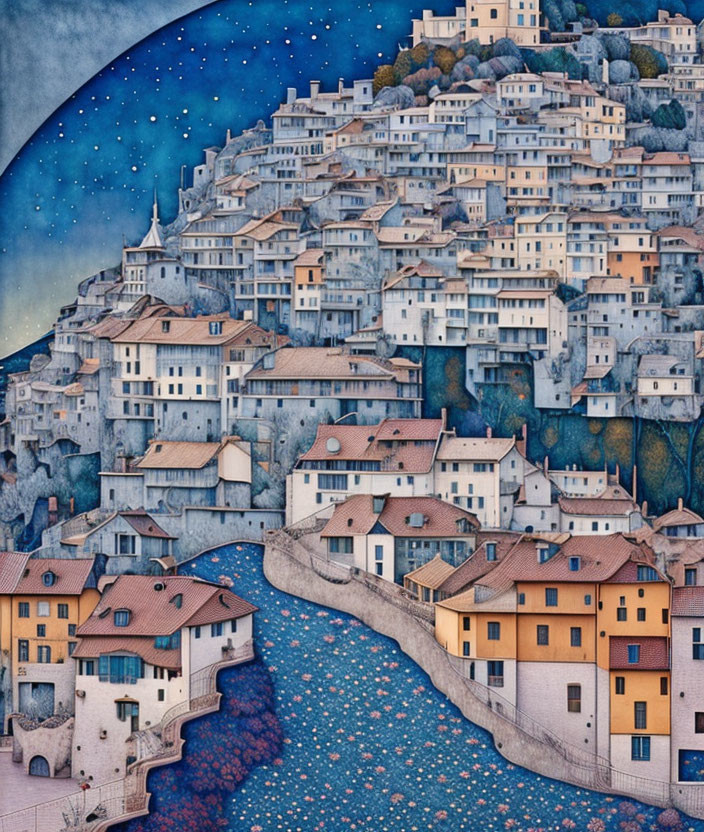 European village painting under starry sky with river and bridge