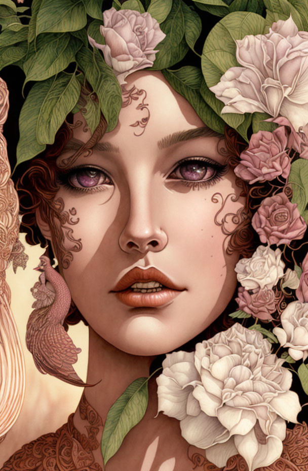 Detailed Fantasy Art: Woman with Floral Adornments and Bird