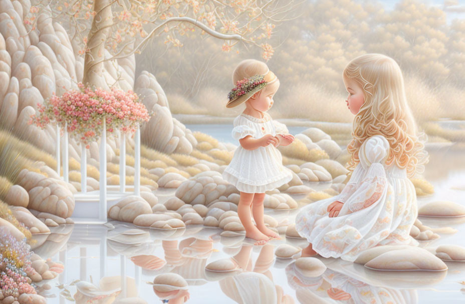 Two young girls in white dresses by serene water in dreamlike landscape